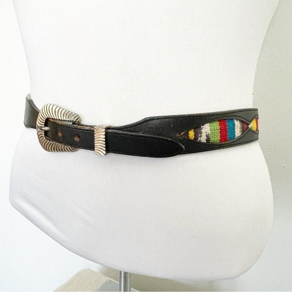 Vintage Accessories - Silver Creek Vintage Black Leather Western Multicolor Woven Tapestry Inset